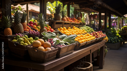 various fruits and vegetables arranged neatly in a market setting, with wooden tables and rustic aesthetics enhanced by natural lighting.