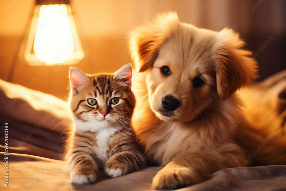 Adorable cute puppy and kitten sitting together, best friends concept Adorable cute puppy and kitten sitting together, best friends concept