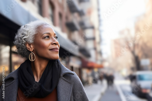 Generative AI portrait of an elegant mature black woman in the city photo