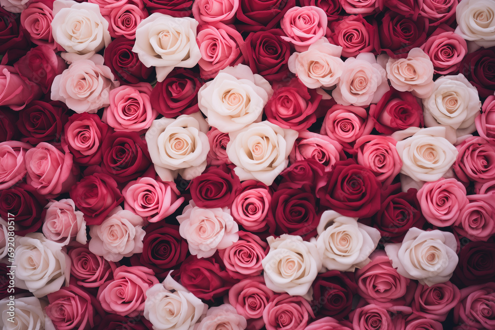 Pink roses background, rose decoration floral valentine wallpaper flower romantic pink roses wall, Rose Flowers Closeup, Generative Ai