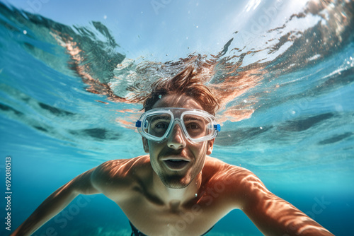 Man's Underwater Adventure Selfie. Generative AI photo