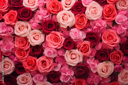 Natural fresh red and pink roses flowers pattern wallpaper. rosebuds close-up. top view, Red rose flower wall background.
