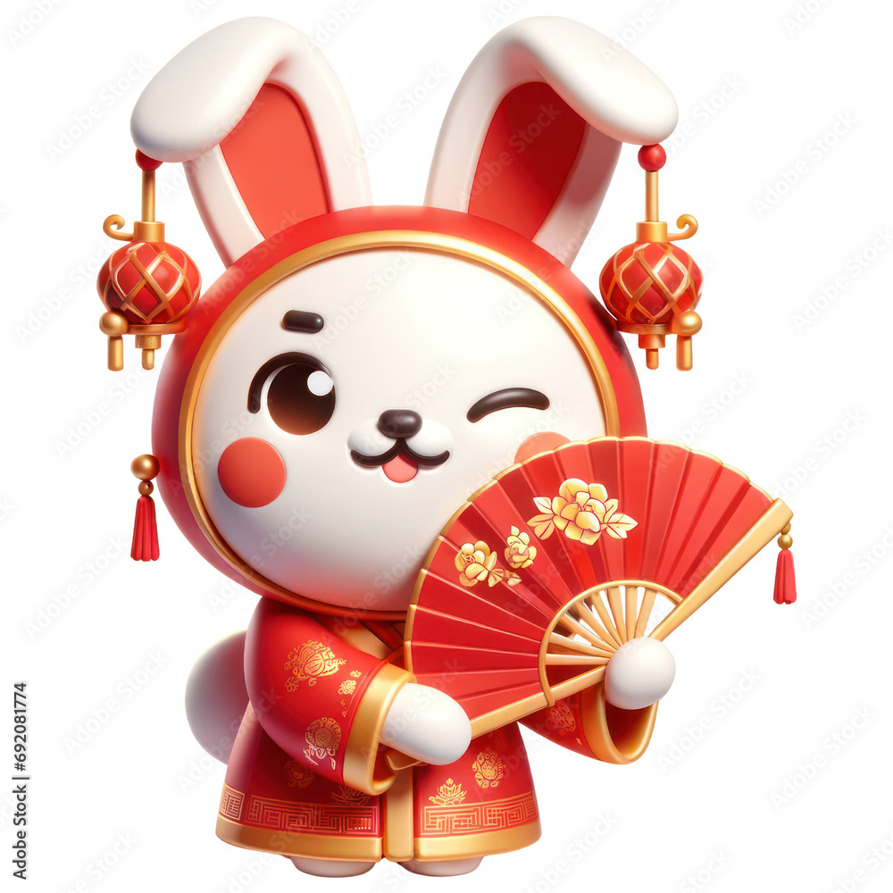 3D chinese rabbit with fan on transparent background