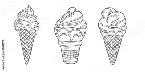 Set of drawn ice cream. Dessert and party, bakery and caramel product, holiday and birthday. Ice-cream in cone waffle.Vector illustration.