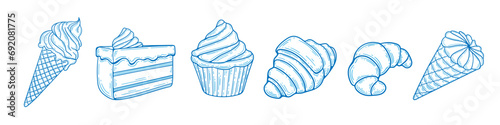 Set of confectionery sweets and pastries. Ice-cream in cone waffle. Cake, bun. Tasty food. Vector illustration.