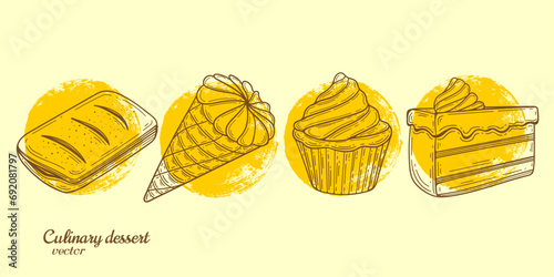 Set of confectionery products. Cakes, Hand-drawn. Delicious and sweet food. Vector , illustration.