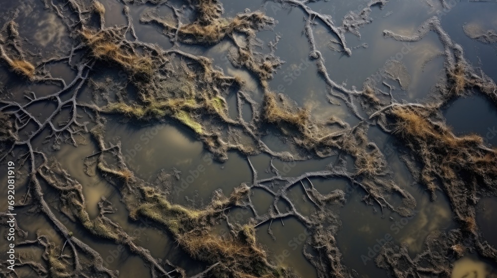 Aerial view of a vast coastal seaweed plantation, the patterned arrays interacting with the tides Aerial view of a vast coastal seaweed plantation, the patterned arrays interacting with the tides