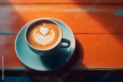 Cup of cappuccino coffee on wooden table