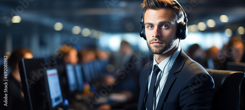 call center worker wareing headset in office