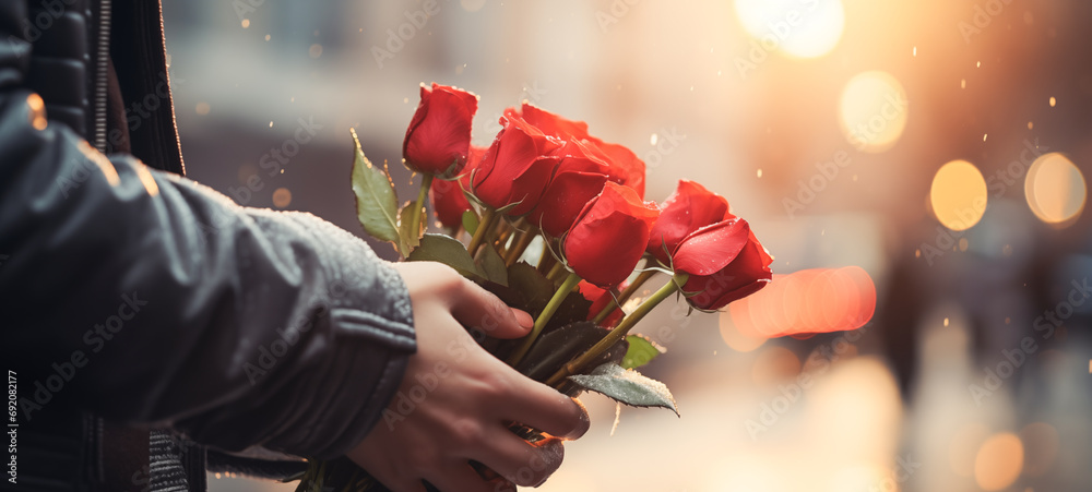 hand hold a bunch of rose to give to someone in a spacial time valentine - obrazy, fototapety, plakaty 
