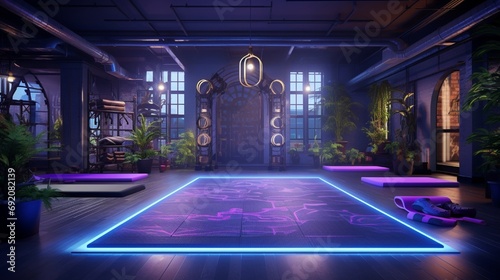 An elegant yoga gym with strategically placed mats and yoga essentials, set against a backdrop of energizing neon lights. photo