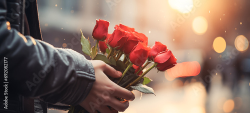 hand hold a bunch of rose to give to someone in a spacial time valentine photo