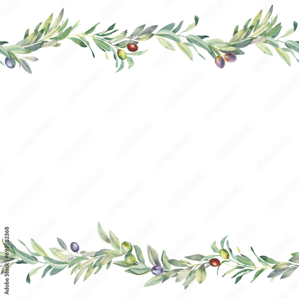 Watercolor illustration Оlive Greenery Frame Wreath Border, Wedding design, invitations, cards, stickers, poster, digital scrapbooking, packaging, logo and graphics websites transparent background PNG