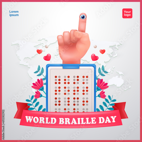 World Braille Day. Braille letters and index finger with eye and flower elements. Suitable for world blind day, greeting cards, posters, and banners as well as social media