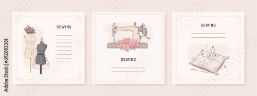 Square banner templates for social media mobile apps. Sewing equipment and needlework. Vector illustration