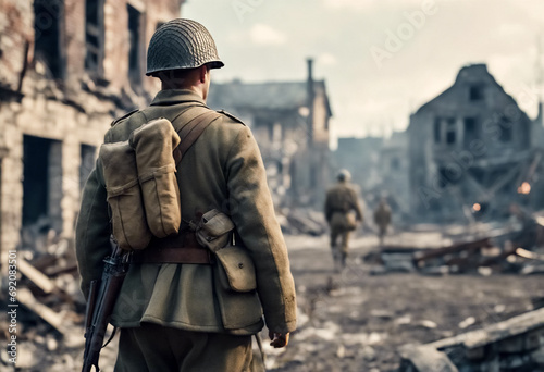 Testimone Silenzioso- Vista Posteriore di un Soldato della Seconda Guerra Mondiale tra le Rovine della Guerra