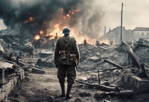 Rimandi Storici- Soldato della Seconda Guerra Mondiale Contempla la Devastazione in una Città Europea photo