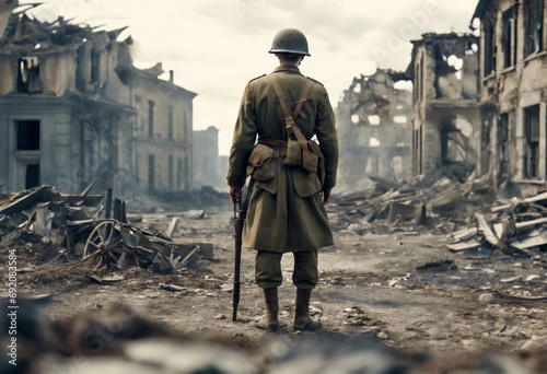 Ombre Resilienti- Soldato della Seconda Guerra Mondiale da dietro nel Campo di Battaglia di una Città Europea Distrutta photo