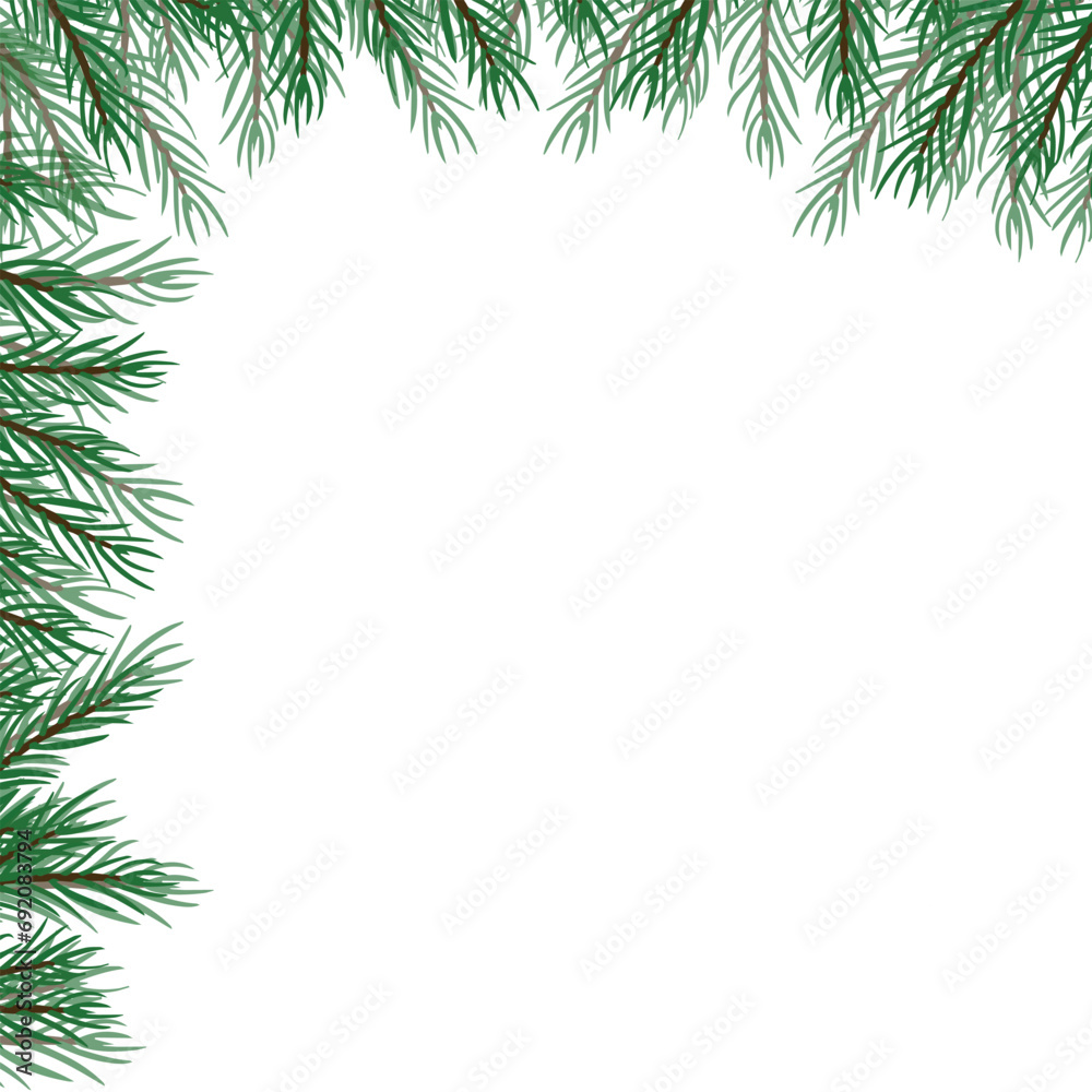 Corner border of pine and fir branches for design of postcard or banner, sign. Modern design for holiday invitation card, poster, banner, greeting card, postcard, packaging, print.