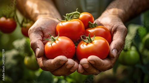 A farmer holds a handful of fresh tomatoes in his hands