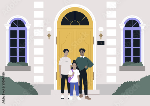 A full length multiracial family portrait, a gay couple and their daughter at the entrance door on a first day of school