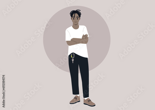 A young character standing with arms crossed, portraying a confident and serene pose, exudes self-assuredness and poise