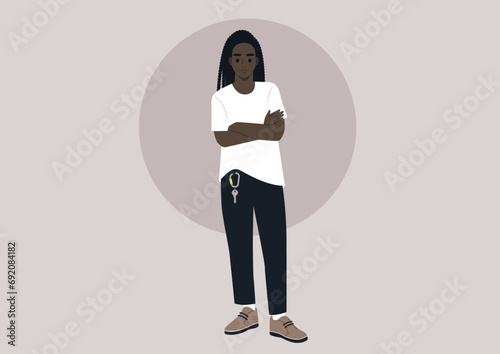 A young character standing with arms crossed, portraying a confident and serene pose, exudes self-assuredness and poise
