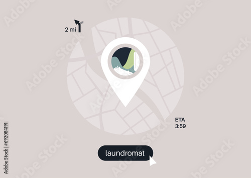 A geo tag on the map pinpoints a coin laundry, encapsulating the concept of managing household chores efficiently