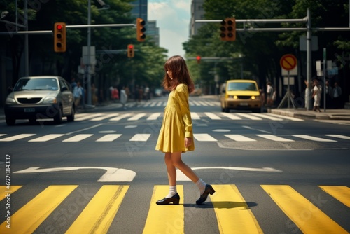 Fotografie, Obraz A schoolboy child crosses the road on a zebra crossing