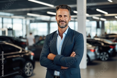 Confident car salesman in showroom looking at camera.Car dealer occupation and buying a car concept © Tixel