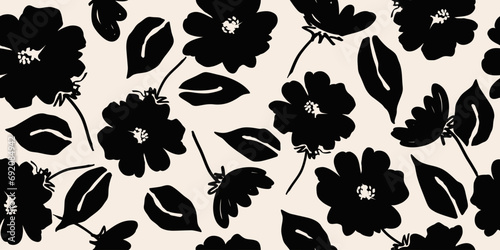 Flower seamless background. Minimalistic abstract floral pattern. Modern print in black and white background. Ideal for textile design, wallpaper, covers, cards, invitations and posters. photo