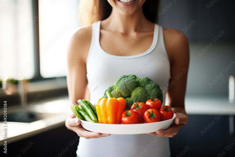 Clean eats and vitality. Photo of a slim woman in white, displaying a plate filled with fresh veggies in a sunny kitchen—a visual celebration of a healthy lifestyle and detox commitment. Generated AI Clean eats and vitality. Photo of a slim woman in white, displaying a plate filled with fresh veggies in a sunny kitchen—a visual celebration of a healthy lifestyle and detox commitment. Generated AI