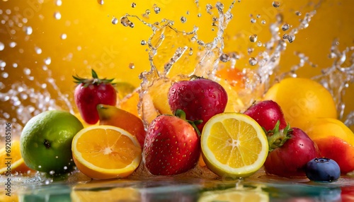 Fruits with water splash yellow background photo
