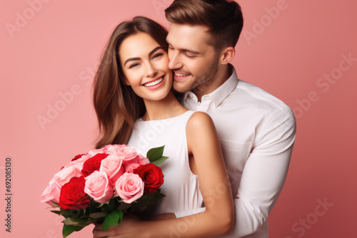 Delightful image of jubilant couple dressed in celebration attire, grinning from ear to ear, clutching a bunch of vibrant roses, all set to commemorate their love on muted background. Generated AI