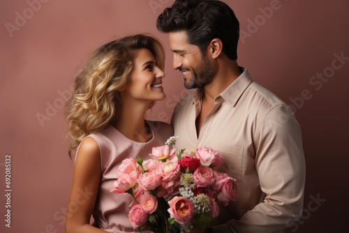 Joyous Anniversary Scene: Capturing bliss of married couple in elegant attire, beaming with happiness, cradling flowers, poised to celebrate their special day on sophisticated backdrop. Generated AI