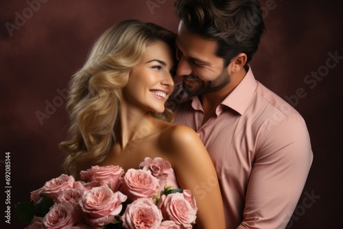 Valentine's Euphoria: enchanting picture of married duo in stylish attire, grinning and clasping roses, all set to rejoice in magic of Valentine's Day against subtle brown setting. Generated AI