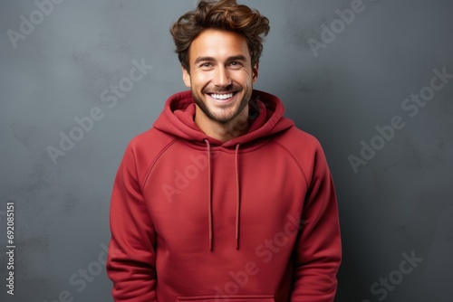 Streetwise charm. Captivating image of a fashionable guy with a sleek haircut and beard, donning a red hoodie against a weathered concrete wall. Generated AI
