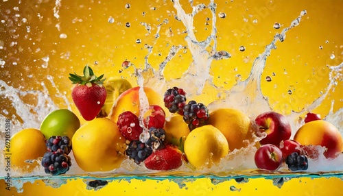 Fruits with water splash yellow background