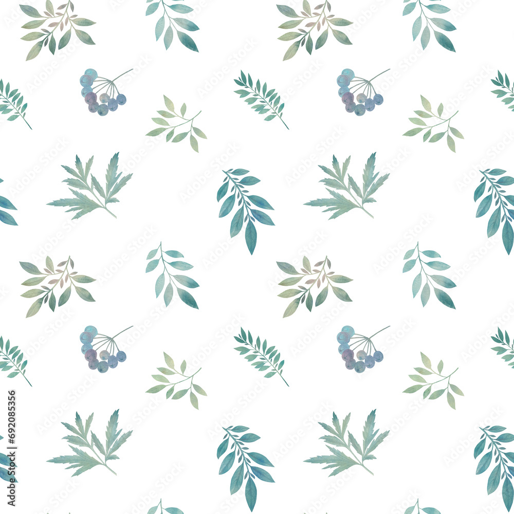 seamless botanical pattern, watercolor green leaves on a white background