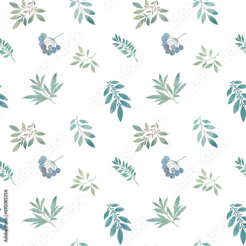 seamless botanical pattern, watercolor green leaves on a white background © Sergei