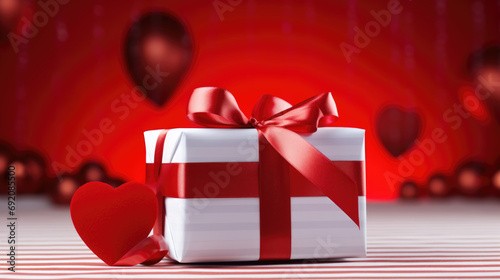 Gift box tied with a ribbon with a red bokeh background, suggesting a theme of Valentine's celebration.