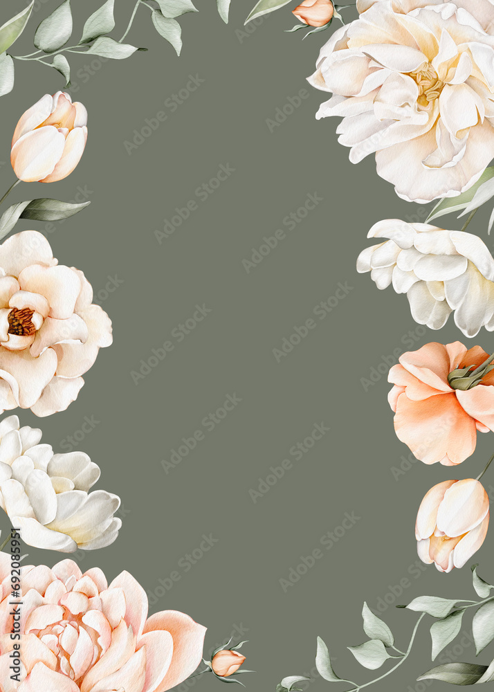Obraz premium Watercolor floral frame with peonies, tulips, roses and camellia on a green background. Template for cards, posters, flyer, packaging. Place for text