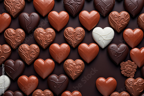 Set of heart-shaped chocolates, top view.