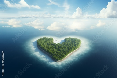 Heart-shaped tropical island in the middle of the ocean. photo
