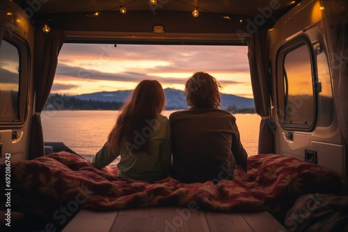 Back view of Couple in love living in a campervan, Valentine's