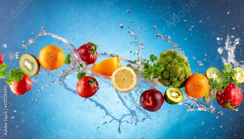 Fruits and vegetables flying with water splash blue background  