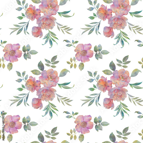 bright flowers, floral pattern, colorful watercolor peony and rosehip flowers on a white background