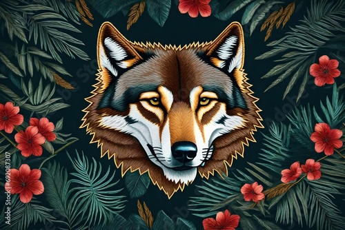 Tropical flower with a wolf head. embroidered patch sticker, front view. Textile print with a stitched texture of wild animals. Forest log