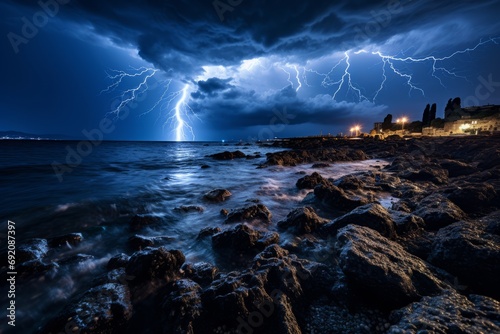 Intense and striking lightning bolt illuminating the dark sky on the horizon of the majestic sea