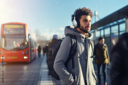 Handsome young man with headphones listening to music and walking at the train station photo